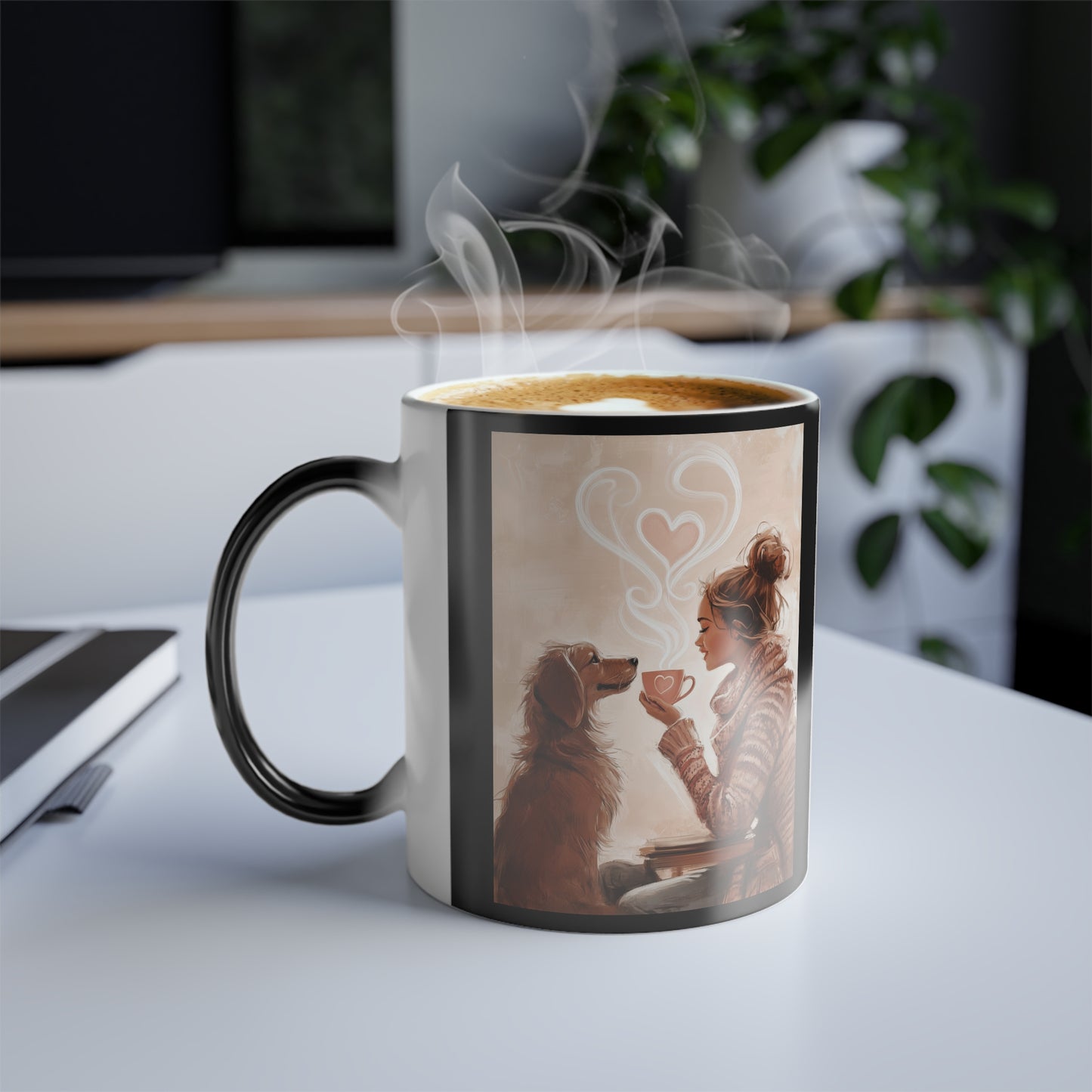 Golden Dog Sharing Coffee with a Woman: "Sip and Soulmate" | Color Morphing Coffee Mug, 11oz | Bliss Edition™