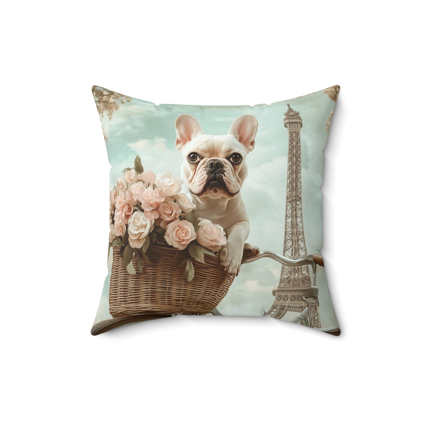 French Bulldog in Paris: "Paws and Petals" | Spun Polyester Square Pillow | Puppy Love Edition™