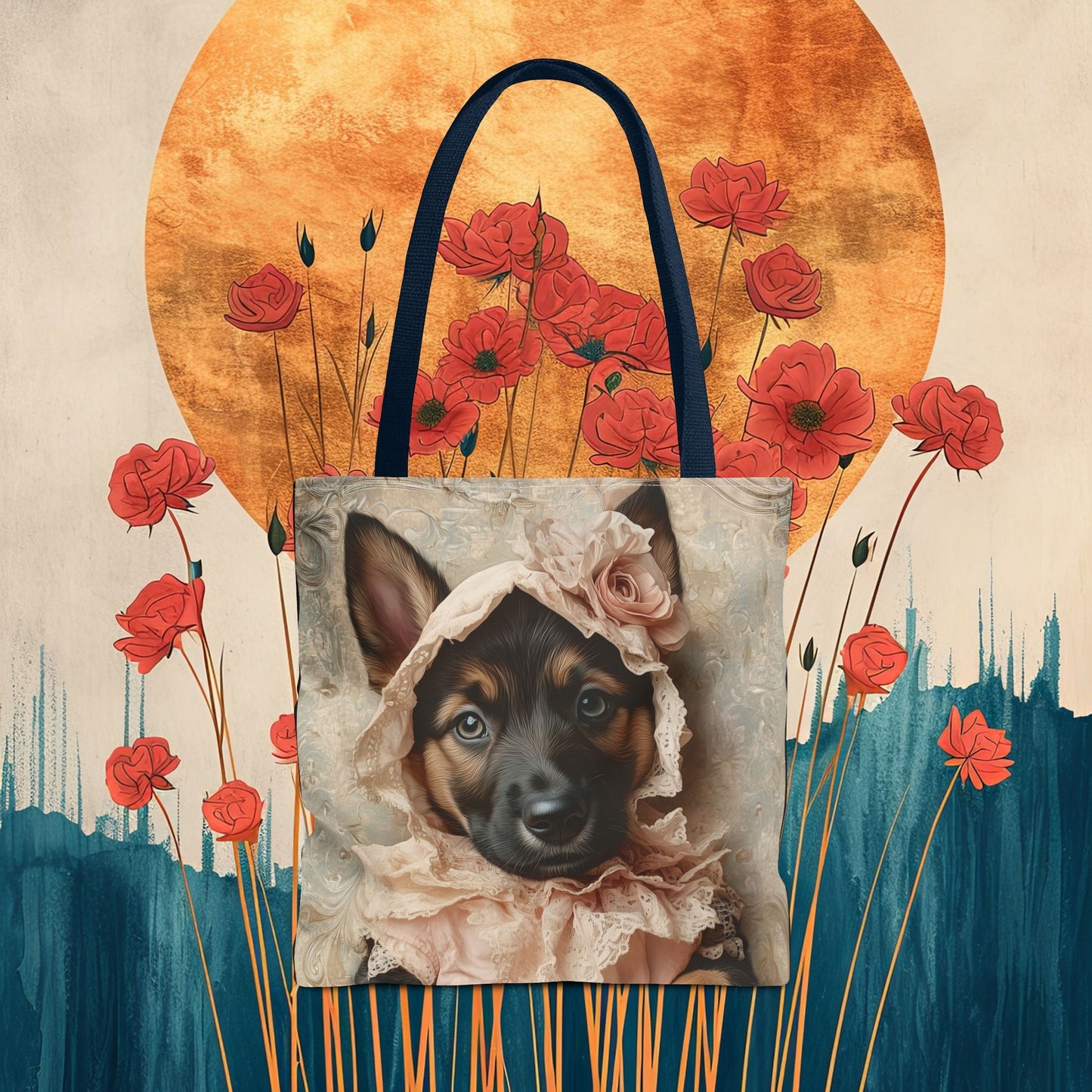 German Shepherd in Lace Bonnet: "Pastoral Guardian" | Tote Bag (AOP) | Puppy Love Edition™