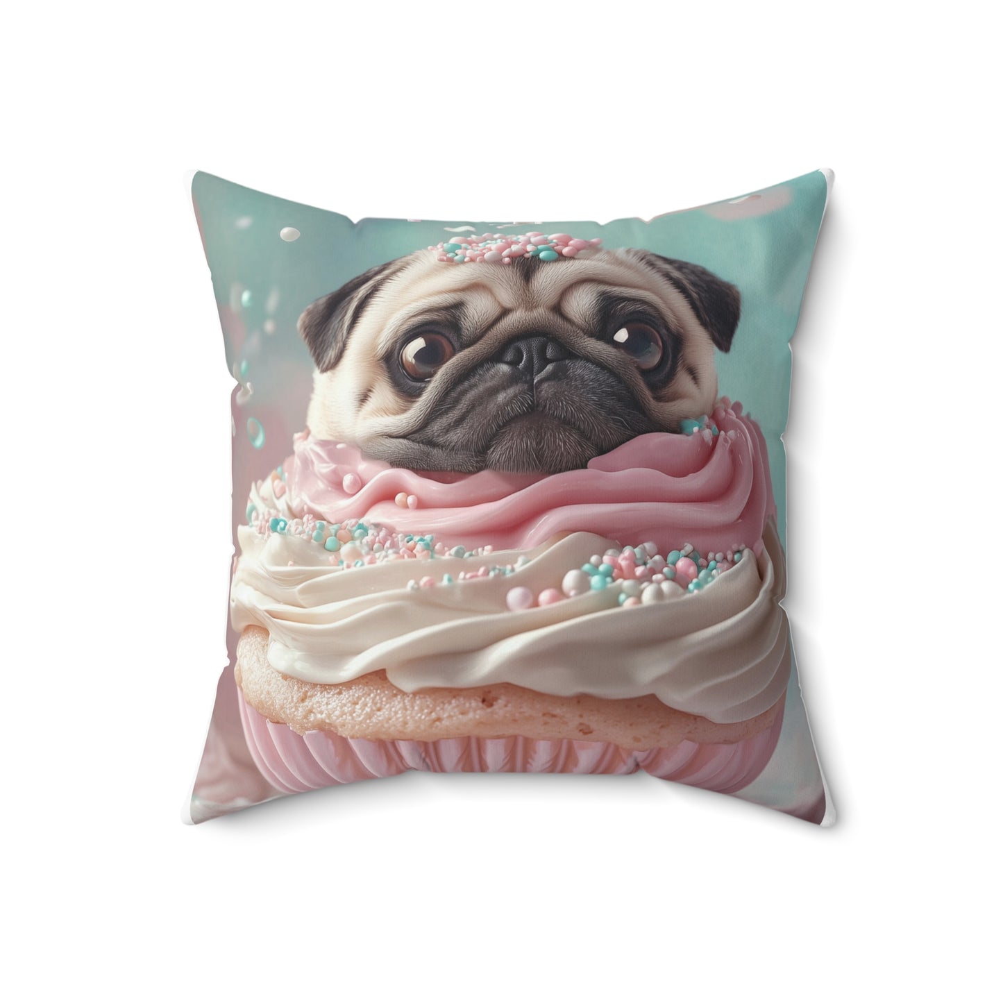 Pug as a Cupcake: "Frosted Friend" | Spun Polyester Square Pillow | Puppy Love Edition™