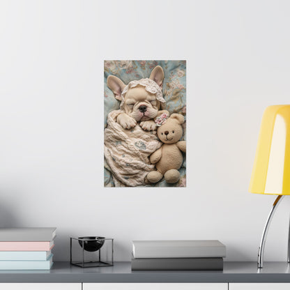 French Bulldog in Floral Blanket with Teddy Bear: "Dreamy Snuggles" | Matte Vertical Posters | Puppy Love Edition™