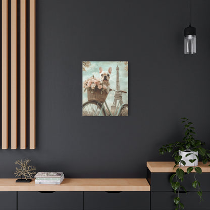 French Bulldog on Bicycle with Roses: "The Parisian Peddler" | Matte Canvas Print, Stretched, 1.25 | Puppy Love Edition™