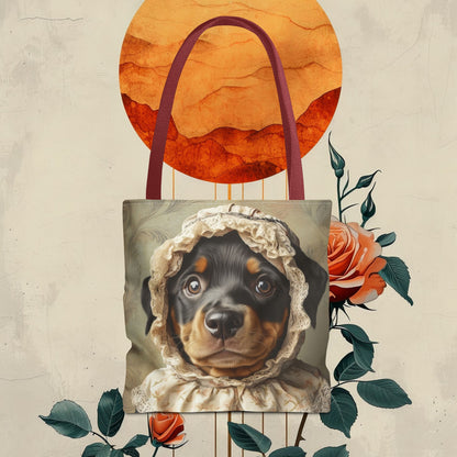 Rottweiler in Lace Bonnet: "The Tender Guardian" | Tote Bag (AOP) | Puppy Love Edition™