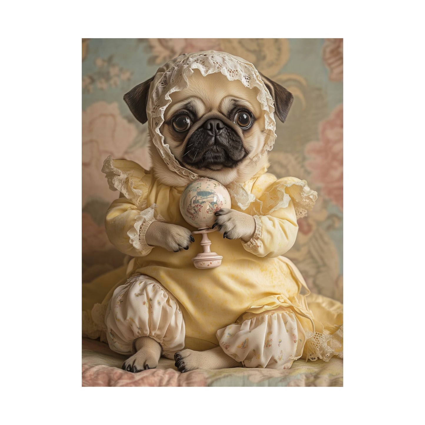 Pug in Yellow Frills: "Victorian Darling" | Matte Vertical Posters | Puppy Love Edition™: