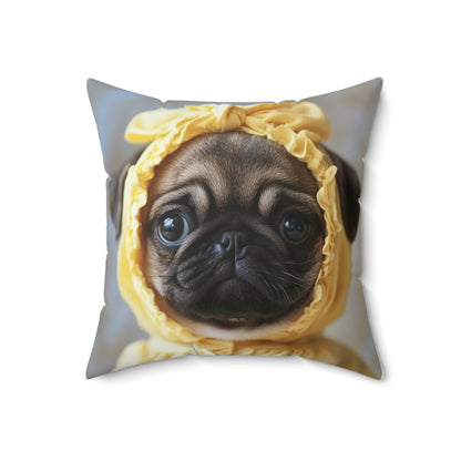 Pug in Yellow Bonnet: "The Sunshine Sweetie" | Spun Polyester Square Pillow | Puppy Love Edition™