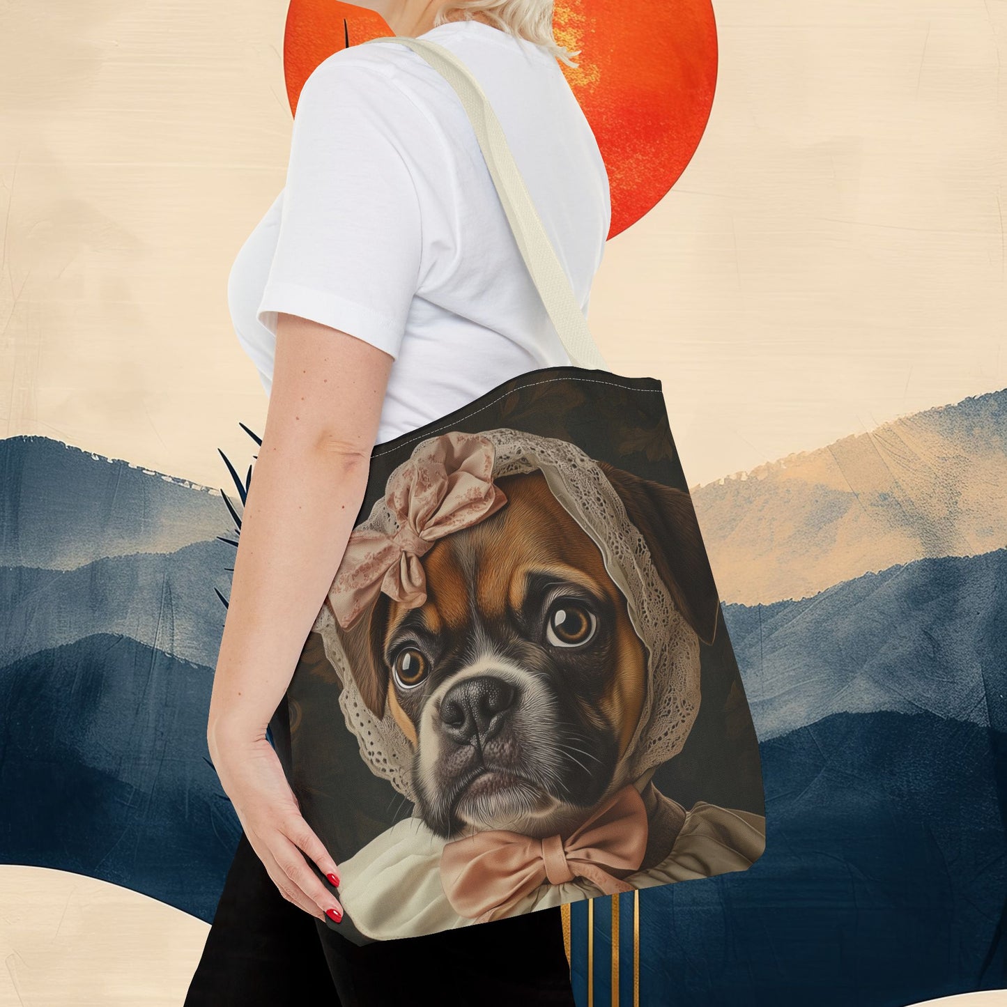 Boxer in Vintage Lace Bonnet: "Timeless Resolve" | Tote Bag (AOP) | Puppy Love Edition™