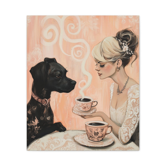 Dog with a Lady Over Coffee: "Cup of Companionship" | Matte Canvas Print, Stretched, 1.25 | Bliss Edition™