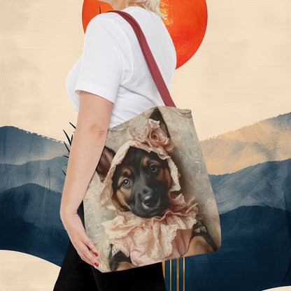 German Shepherd in Lace Bonnet: "Pastoral Guardian" | Tote Bag (AOP) | Puppy Love Edition™