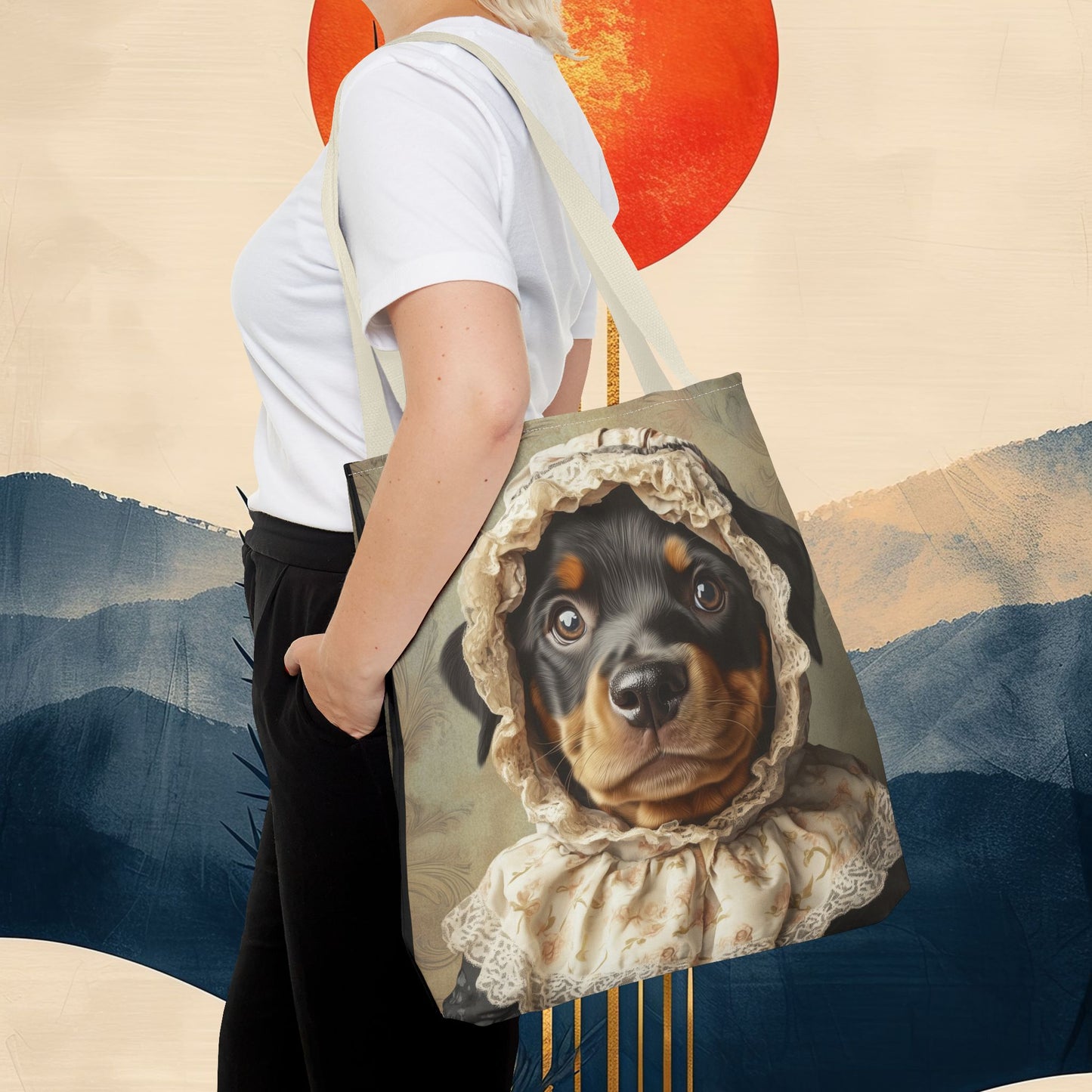 Rottweiler in Lace Bonnet: "The Tender Guardian" | Tote Bag (AOP) | Puppy Love Edition™