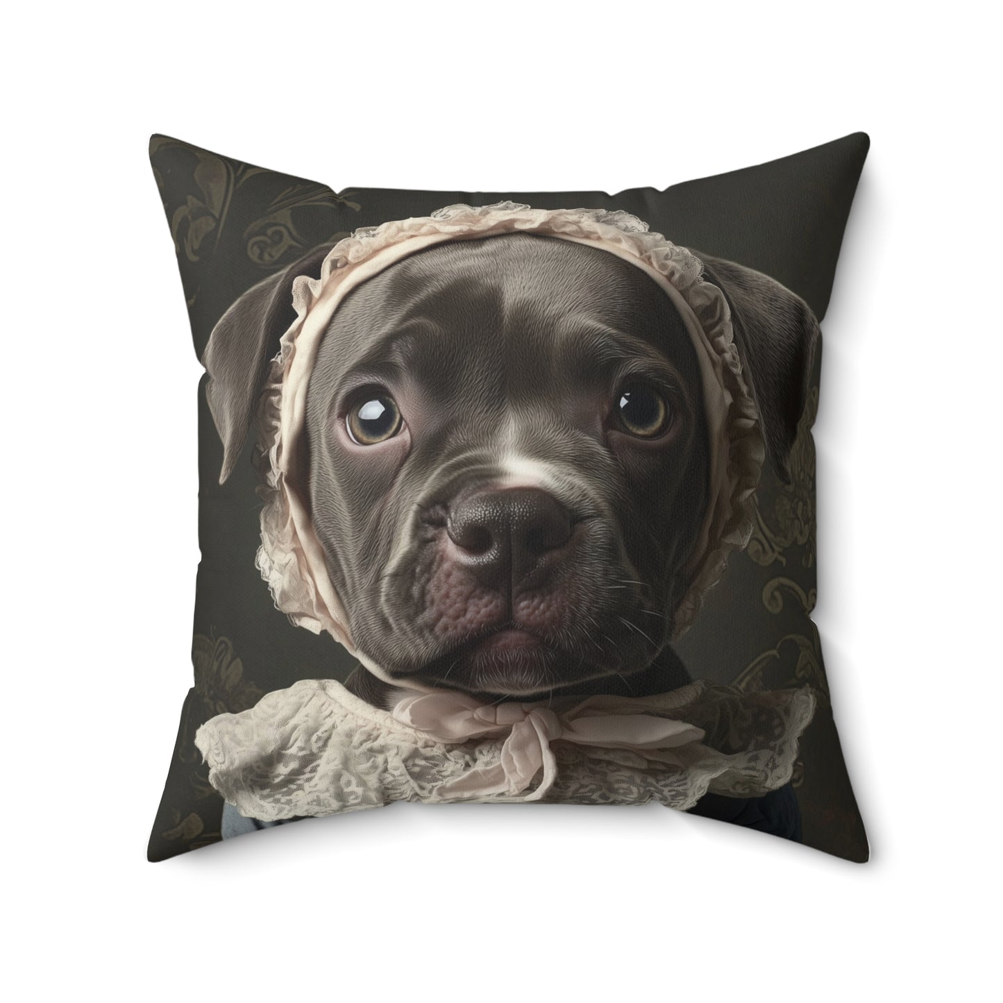 Pit Bull in Lace Bonnet: "Victorian Vigilance" | Spun Polyester Square Pillow | Puppy Love Edition™