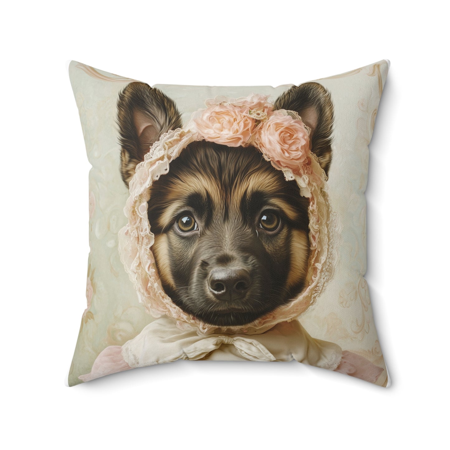 German Shepherd in Lace Bonnet: "Pastoral Guardian" | Spun Polyester Square Pillow | Puppy Love Edition™