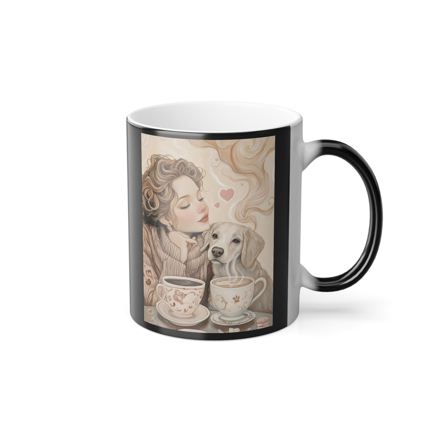 White Dog with Woman: "Café Companions" | Color Morphing Coffee Mug, 11oz | Bliss Edition™