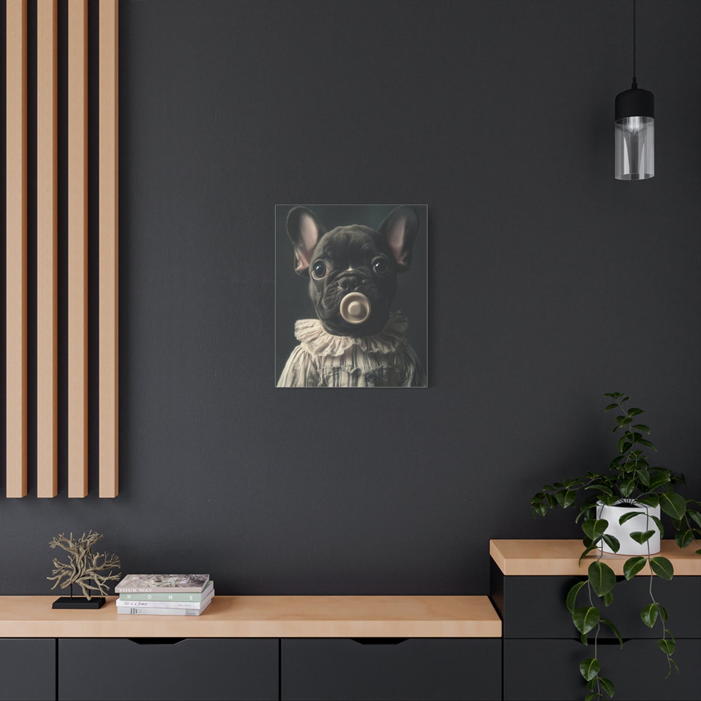 French Bulldog in Striped Baby Gown: "Vintage Cherub" | Matte Canvas Print, Stretched, 1.25 | Puppy Love Edition™