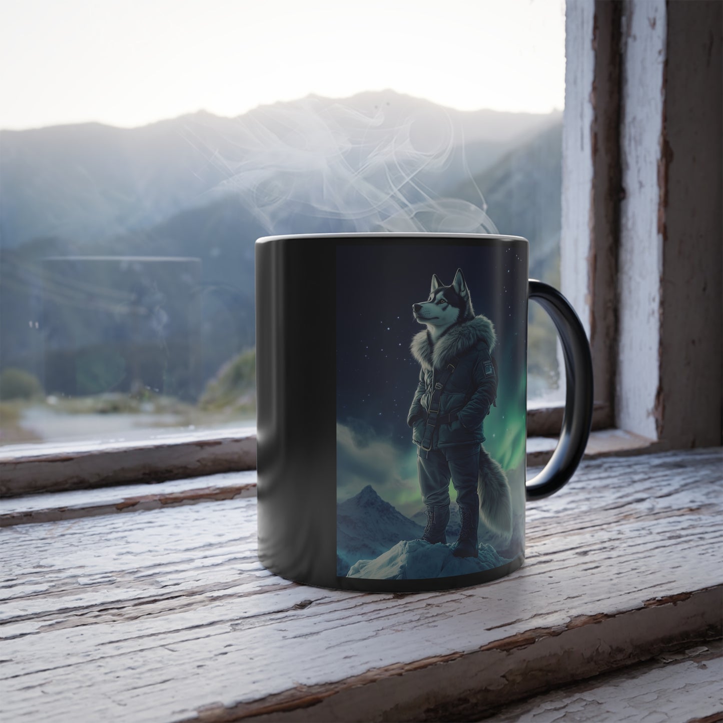 Husky under the Northern Lights: "Aurora Explorer" | Color Morphing Coffee Mug, 11oz | Pawgue Chic Edition™