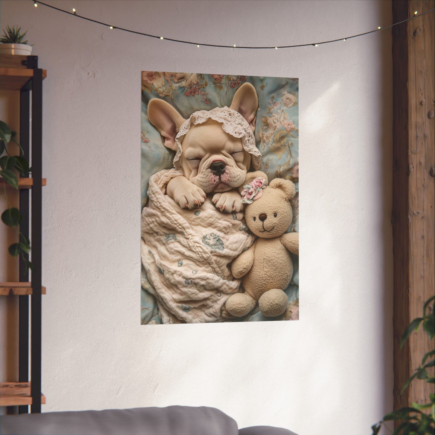 French Bulldog in Floral Blanket with Teddy Bear: "Dreamy Snuggles" | Matte Vertical Posters | Puppy Love Edition™