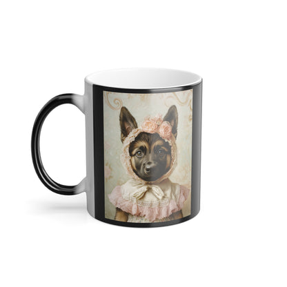 German Shepherd in Lace Bonnet: "Pastoral Guardian" | Color Morphing Coffee Mug, 11oz | Puppy Love Edition™