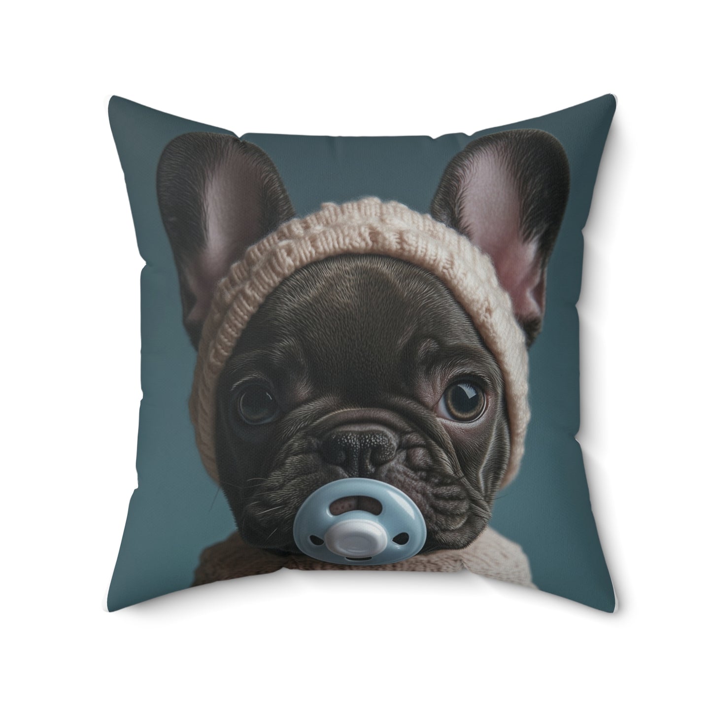 French Bulldog in Cozy Knit Sweater: "Bundle of Joy" | Spun Polyester Square Pillow | Puppy Love Edition™