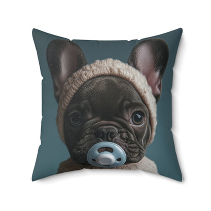 French Bulldog in Cozy Knit Sweater: "Bundle of Joy" | Spun Polyester Square Pillow | Puppy Love Edition™